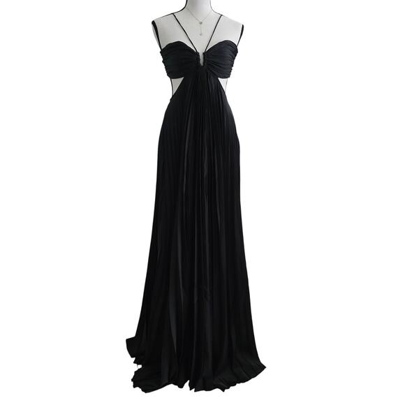 Women’s Black Pleated Cutout Maxi Dress Formal Gown Open Back Elegant Whimsical - Picture 1 of 10
